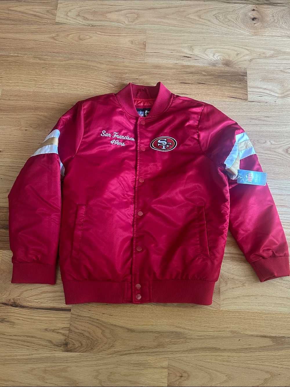 NFL San Francisco 49ers Red Satin Puffer Jacket with White Sleeve Stripes